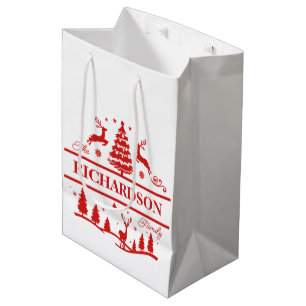 Sac Cadeau Moyen Red White Christmas Nom de famille personnalisé