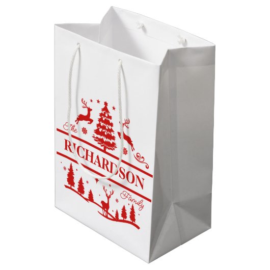 Sac Cadeau Moyen Red White Christmas Nom de famille personnalisé (Dos Angle)