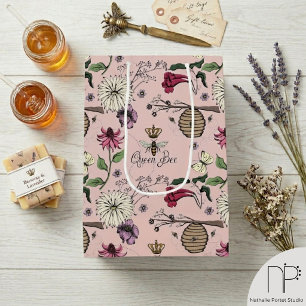 Sac Cadeau Moyen Reine Abeille Florale Vintage Rose