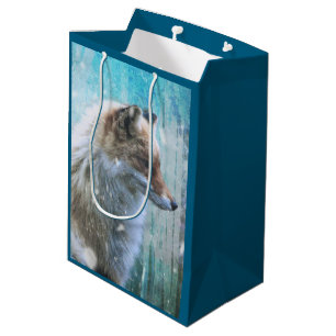 Sac Cadeau Moyen Renard mignon à fourrure sur fond grunge bleu