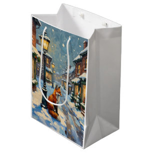 Sac Cadeau Moyen Renard vintage sous lampe à gaz dans un Noël ennei