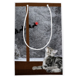 Sac Cadeau Moyen Renne rouge de point de Noël de chat