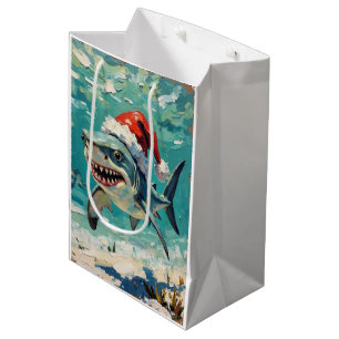 Sac Cadeau Moyen Requin vintage avec chapeau de Père Noël Art de No
