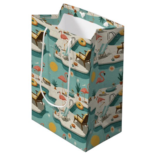 Sac Cadeau Moyen Retro Flamingo Poolside Summer Pattern (1) (Devant Angle)