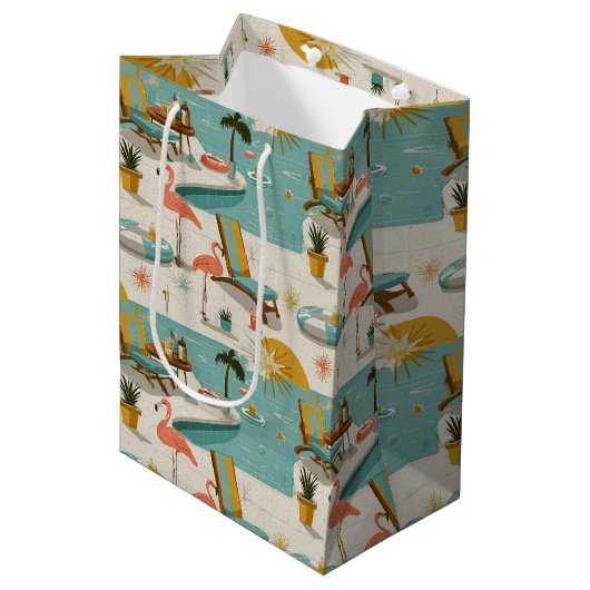 Sac Cadeau Moyen Retro Flamingo Poolside Summer Pattern (10) (Devant Angle)