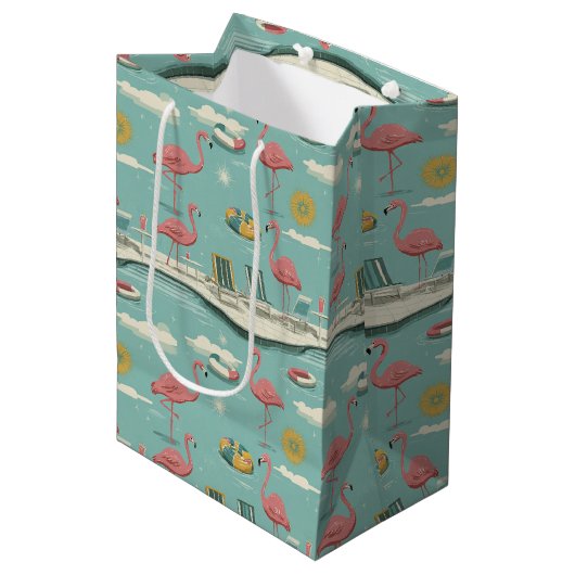Sac Cadeau Moyen Retro Flamingo Poolside Summer Pattern (5) (Devant Angle)