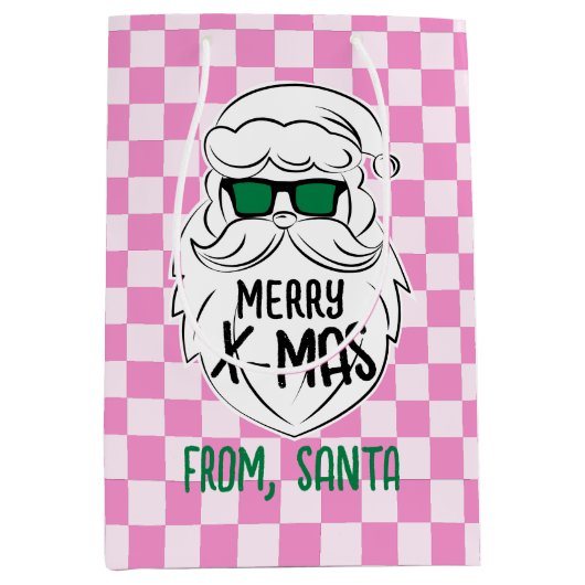 Sac Cadeau Moyen Retro Groovy Pink Checkered Santa Claus Christmas (Devant)