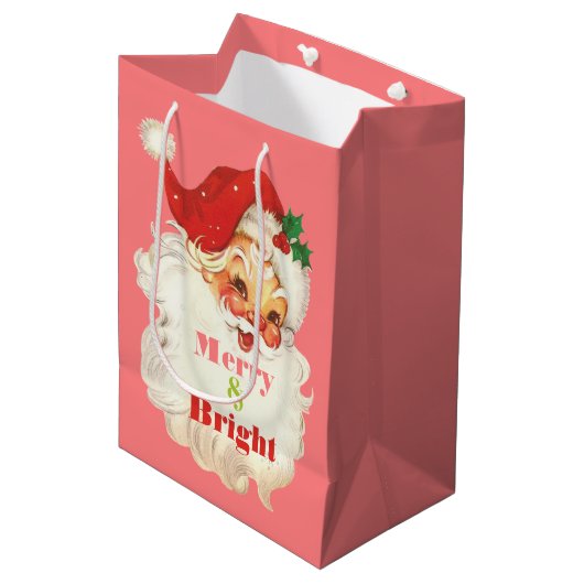 Sac Cadeau Moyen Retro Père Noël face Noël Joyeux & lumineux (Devant Angle)