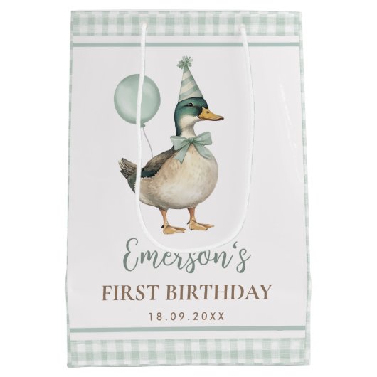 Sac Cadeau Moyen Retro Sage Green One Lucky Duck 1er anniversaire (Dos)