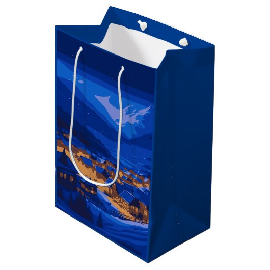 Sac Cadeau Moyen Retro Village Mountain Blue Gold Paysage (Devant Angle)