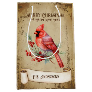 Sac Cadeau Moyen Retro Vintage Red Cardinal Bird Joyeux Noël