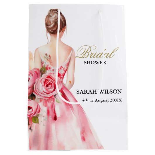 Sac Cadeau Moyen Robe de mariée aquarelle rose fard douche de marié (Dos)