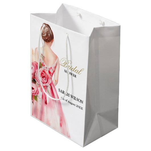 Sac Cadeau Moyen Robe de mariée aquarelle rose fard douche de marié (Dos Angle)