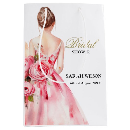 Sac Cadeau Moyen Robe de mariée aquarelle rose mariage Shower de fu (Devant)