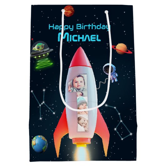 Sac Cadeau Moyen Rocket Space 1er anniversaire | Immense Collage ph (Dos)