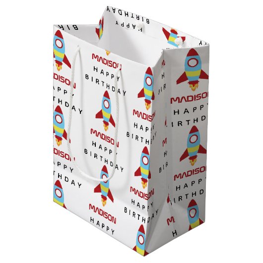 Sac Cadeau Moyen Rocket Spacship Lancement Nom personnalisé Anniver (Devant Angle)
