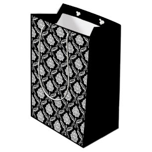 Sac Cadeau Moyen Rococo Damassé Répétition Motif Blanc sur Noir