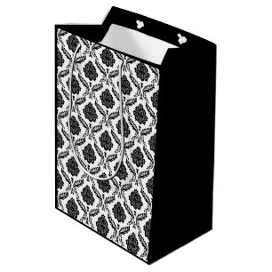 Sac Cadeau Moyen Rococo Damassé Rpt Motif Noir sur Blanc