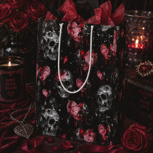 Sac Cadeau Moyen Romance Sombre Crânes Gothiques & Cœurs Rouges
