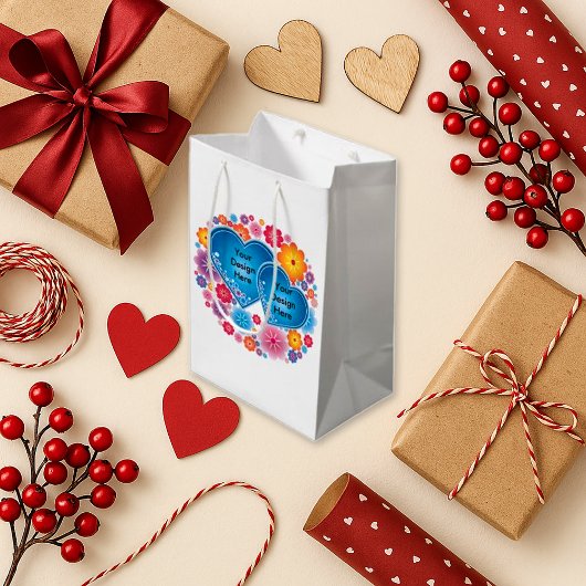 Sac Cadeau Moyen Romantique Blanc floral bleu coeur