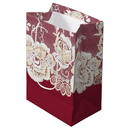 Sac Cadeau Moyen Romantique Crème rouge Blanche dentelle Mariage fl (Devant Angle)