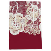 Sac Cadeau Moyen Romantique Crème rouge Blanche dentelle Mariage fl (Devant)