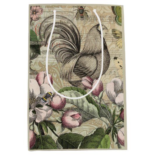 Sac Cadeau Moyen Rooster Garden Flower Papillon Art (Devant)