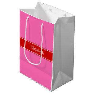 Sac Cadeau Moyen Rose Chaud Uni #2 Ruban Rouge Monogramme Initiales