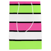 Sac Cadeau Moyen Rose chaud, vert citron, noir et blanc rayures (Devant)