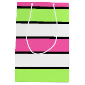 Sac Cadeau Moyen Rose chaud, vert citron, noir et blanc rayures (Dos)