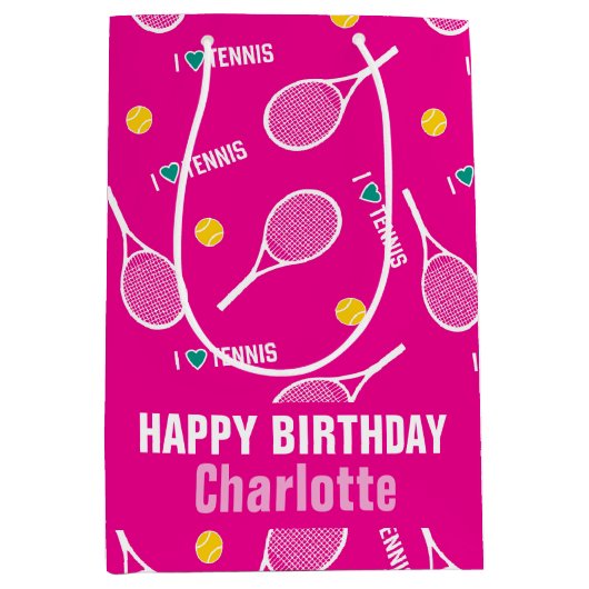 Sac Cadeau Moyen Rose clair J'aime le motif de tennis (Devant)