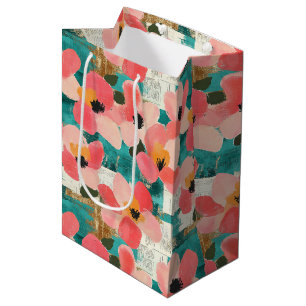 Sac Cadeau Moyen Rose Corail Floral Turquoise Vintage