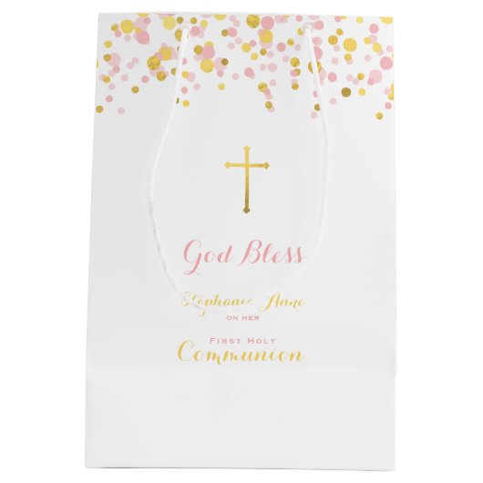 Sac Cadeau Moyen Rose de communion et confettis d'or (Dos)
