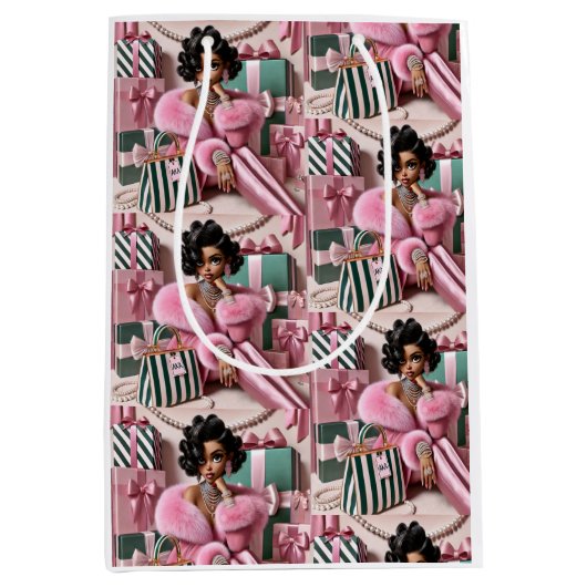 Sac Cadeau Moyen Rose Et Vert Chic (Devant)