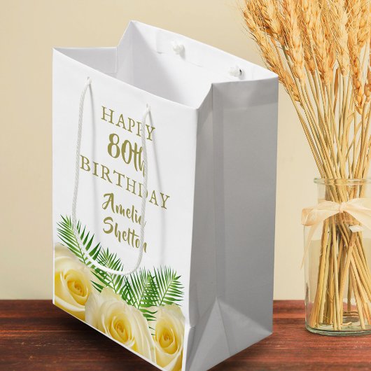 Sac Cadeau Moyen Rose jaune et Feuille Floral Joyeux anniversaire
