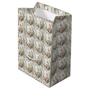 Sac Cadeau Moyen Rose Poussiéreuse Vert Sauge Floral Baby Shower de
