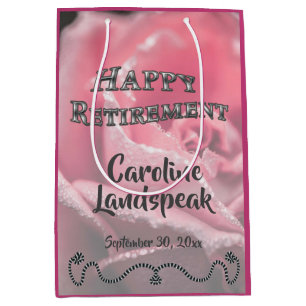 Sac Cadeau Moyen Rose rose en fleur Cadre Argent Bonne retraite