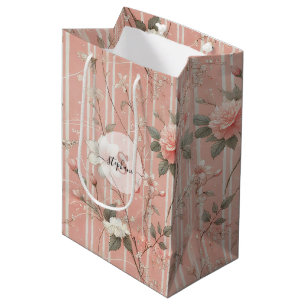 Sac Cadeau Moyen Rose rose vintage sur Arrière - plan rose rayé