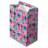 Sac Cadeau Moyen Rose Vert Bleu Floral Tropical Anniversaire (Devant Angle)