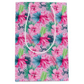 Sac Cadeau Moyen Rose Vert Bleu Floral Tropical Anniversaire (Devant)