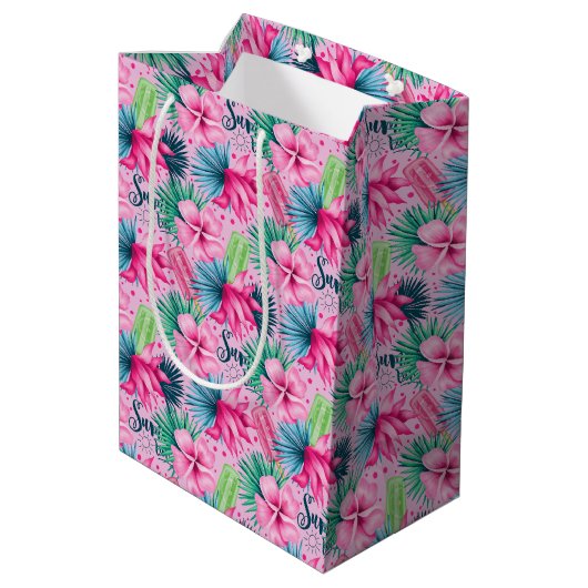 Sac Cadeau Moyen Rose Vert Bleu Floral Tropical Anniversaire (Dos Angle)