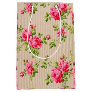 Sac Cadeau Moyen rose vintage à rayures florales roses victoriennes