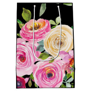 Sac Cadeau Moyen Roses aquarelles en rose et crème sur fond noir