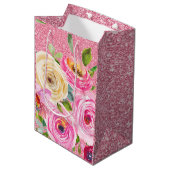 Sac Cadeau Moyen Roses d'aquarelle en Parties scintillant rose et c (Devant Angle)