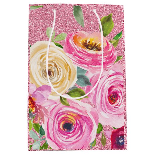 Sac Cadeau Moyen Roses d'aquarelle en Parties scintillant rose et c (Devant)