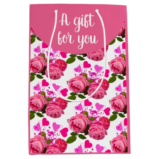 Sac Cadeau Moyen Roses et Coeurs roses (Devant)