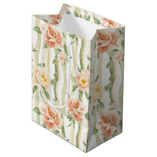 Sac Cadeau Moyen Roses Florales en Rayures de Péché à la Menthe Réc