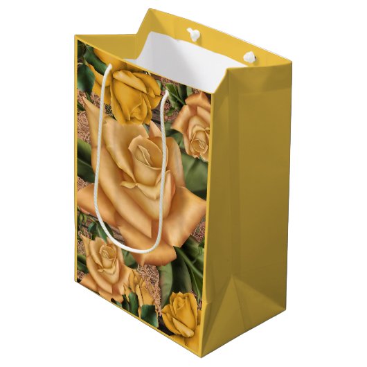 Sac Cadeau Moyen Roses Jaunes & Pays Bois Rustique Chic Chic (Devant Angle)
