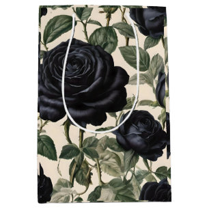 Sac Cadeau Moyen Roses Noirs Et Feuilles Verts,