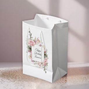Sac Cadeau Moyen Roses Roses Florales Joyeux Anniversaire avec Nom